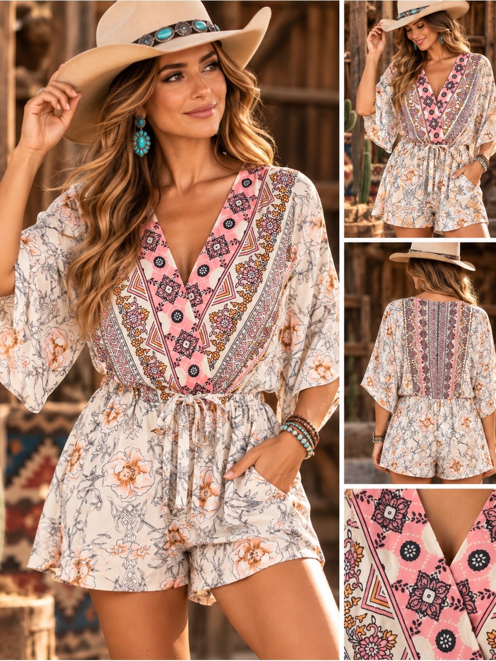 Umgee Boho Floral Wrap Romper Kimono Sleeve Cream Pink Size S